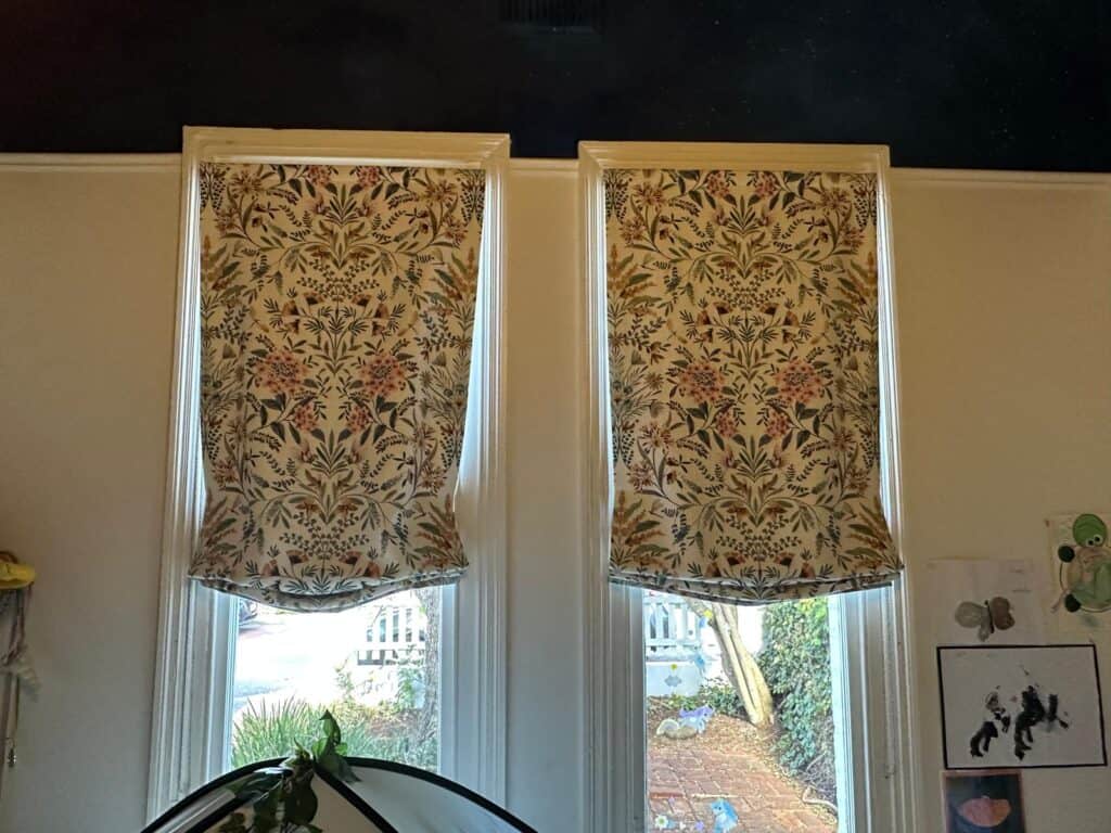Pair of soft Roman blinds in Slender Morris, blockout lined, in a North Perth bedroom